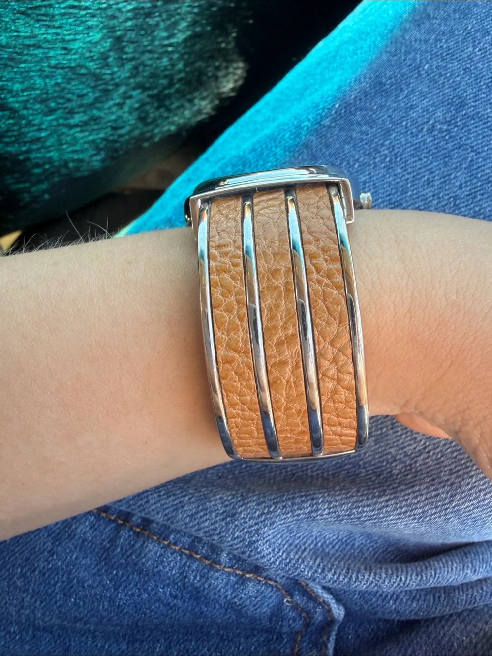 Bijoux Terner Silver-Tone Case Watch with Tan Dial and Brown Leather Strap
